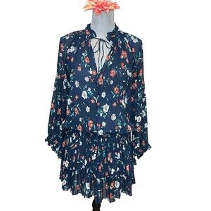 Anthropologie Current Air Navy Floral Flowy Ribbon Pleated Bell Sleeve Dress S
